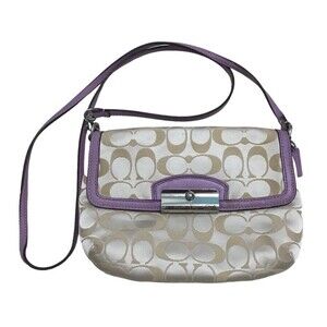 Authentic Signature COACH Embossed Material Lavender Leather Trim Crossbody Bag